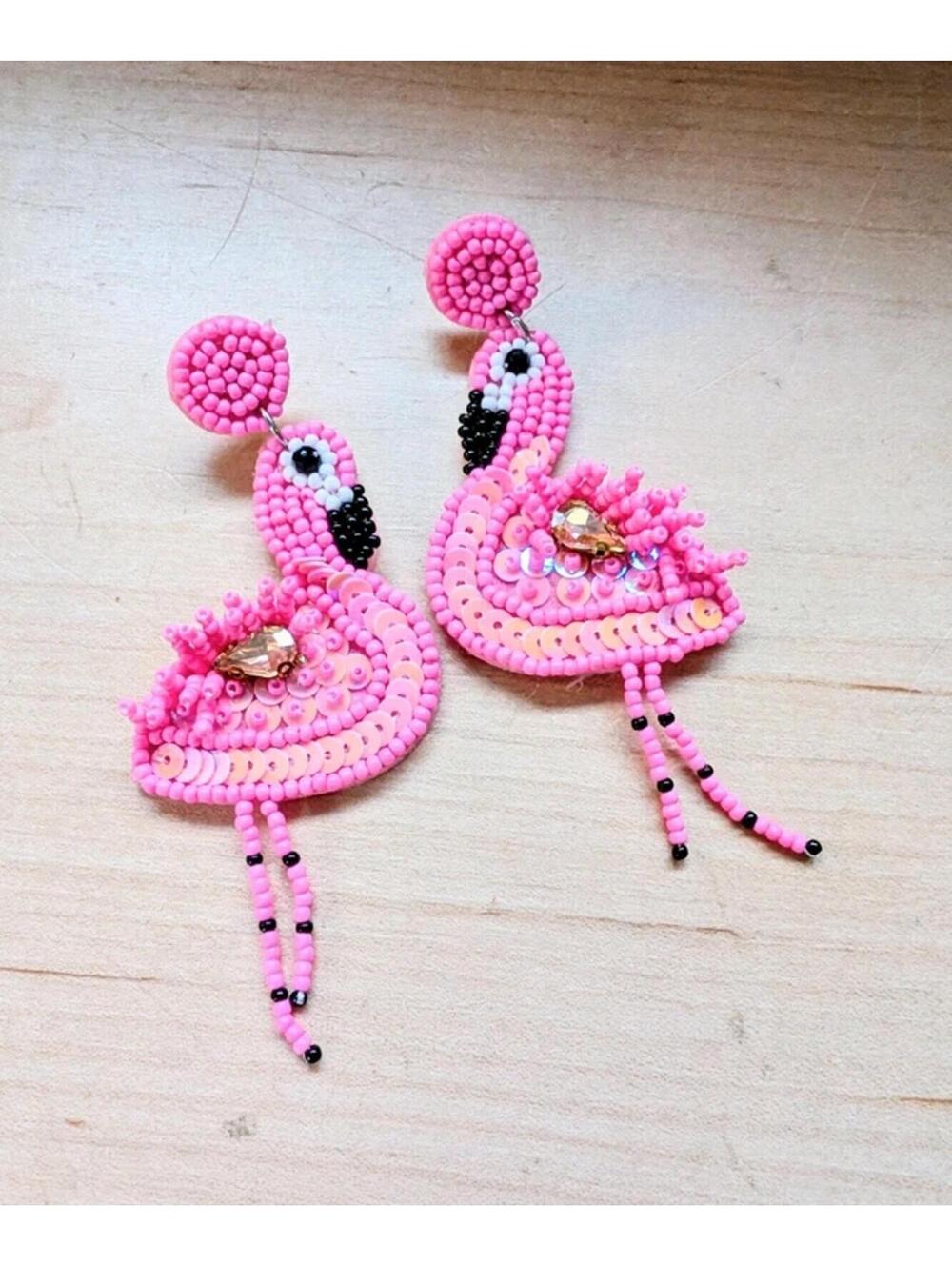 SOLD Beaded Pink Flamingo Statement Earrings